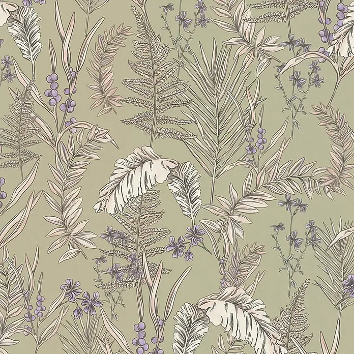 Profhome Vliestapete Vliestapete Blumen, Landhaus, Floral, Romantisch, Palmen, Natur grau - creme-weißlila, 10.050 x 530 mm - Nahtloses botanisches Muster mit rosa Blättern, lila Beeren und Blüten.
