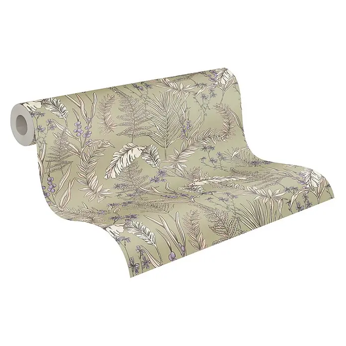 Profhome Vliestapete Vliestapete Blumen, Landhaus, Floral, Romantisch, Palmen, Natur grau - creme-weißlila, 10.050 x 530 mm - Tapetenrolle mit salbeigrüner Basis und botanischem Muster aus rosa Blättern, Farnen, violetten Beeren und Blüten.
