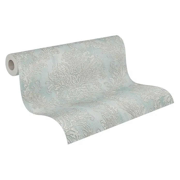 Profhome Vliestapete Heißgeprägte Vliestapete Textiloptik, Ornament, Barock in blau - pastell-türkis, 10.050 x 530 mm - Hellblaue Tapetenrolle mit elegantem cremefarbenem Damastmuster.