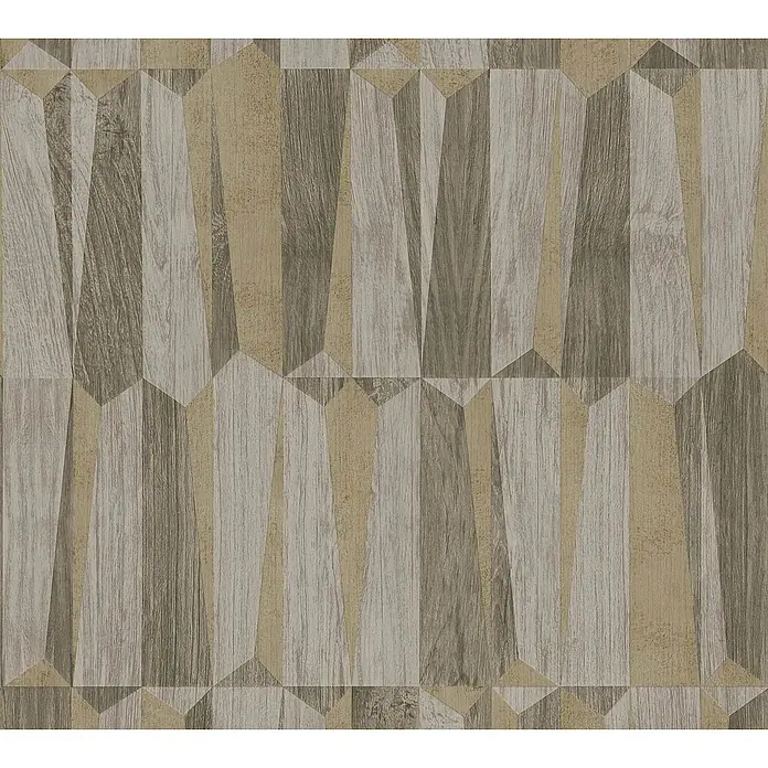 Profhome Vliestapete Heißgeprägte Vliestapete Geometrisch in braun - goldgrau, 10.050 x 530 mm - Facettenreiches geometrisches Muster mit Holzmaserung in Braun-, Beige- und Grautönen.