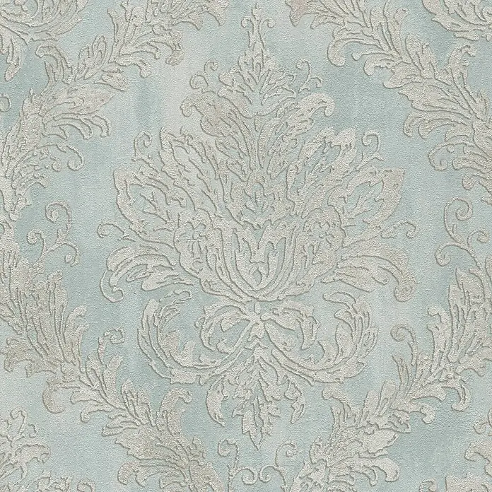 Profhome Vliestapete Heißgeprägte Vliestapete Textiloptik, Ornament, Barock in blau - pastell-türkis, 10.050 x 530 mm - Hellblaue texturierte Tapete mit geprägtem hellbeigem Damastmuster.