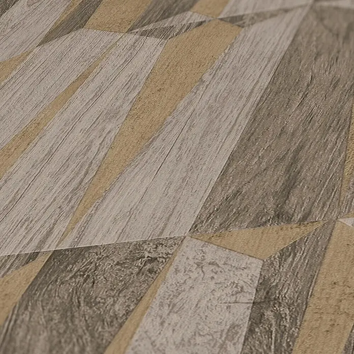 Profhome Vliestapete Heißgeprägte Vliestapete Geometrisch in braun - goldgrau, 10.050 x 530 mm - Strukturierte geometrische Muster in Braun- und Grautönen mit Holzoptik.