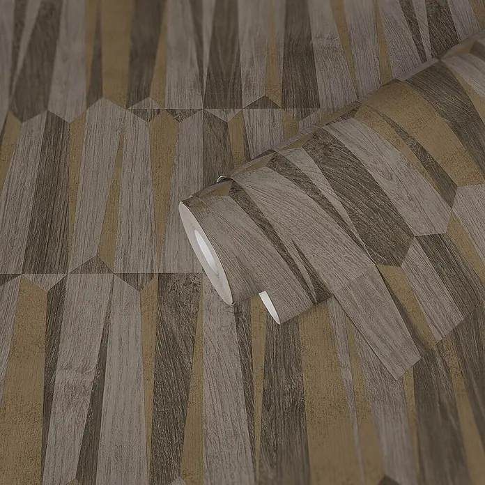 Profhome Vliestapete Heißgeprägte Vliestapete Geometrisch in braun - goldgrau, 10.050 x 530 mm - Geometrische Tapete mit Holzoptik in Braun- und Beigetönen, teilweise abgerollt.