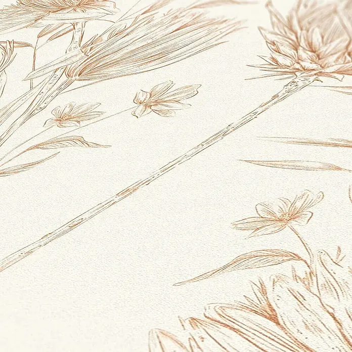 Profhome Vliestapete Vliestapete Blumen, Landhaus, Floral, Toile De Jouy, Romantisch, weiß - beigebraunorange, 10.050 x 530 mm - Detaillierte sepiafarbene botanische Linienzeichnung verschiedener Pflanzen und Blumen auf hellem, strukturiertem Hintergrund.