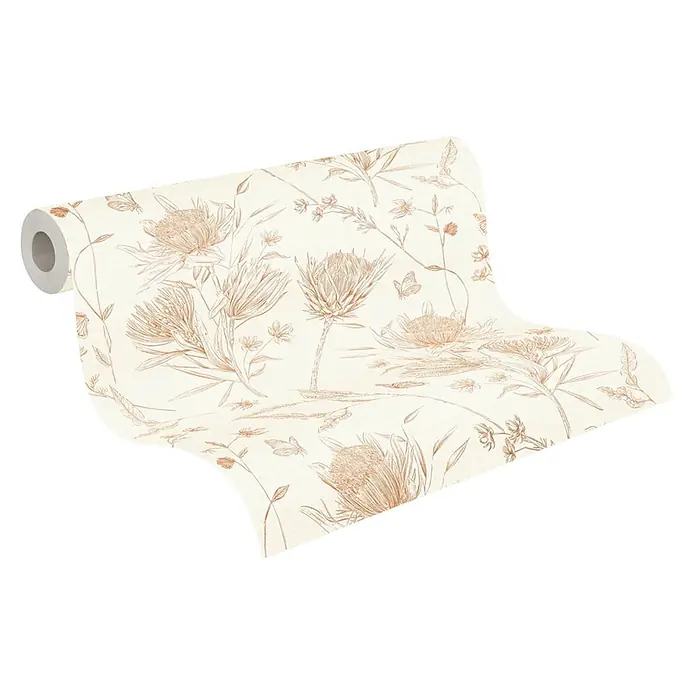 Profhome Vliestapete Vliestapete Blumen, Landhaus, Floral, Toile De Jouy, Romantisch, weiß - beigebraunorange, 10.050 x 530 mm - Beigefarbene Tapetenrolle mit sepiabraunen botanischen Illustrationen von Blumen, Blättern und Schmetterlingen.