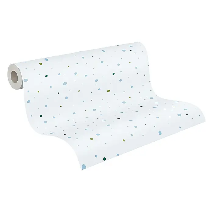 Profhome Vliestapete Vliestapete Geometrisch in blau - grün, 10.050 x 530 mm - Tapetenrolle: weiß mit blauen und grünen Punkten in verschiedenen Größen.