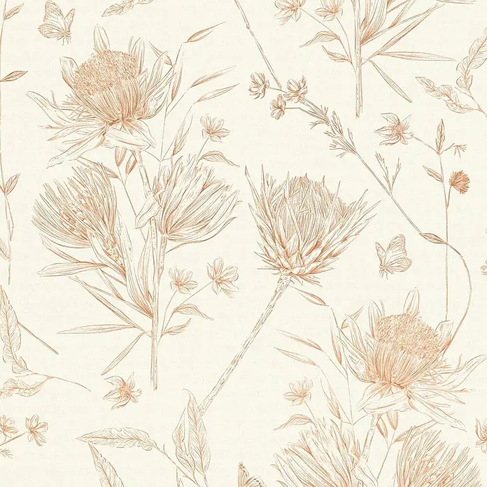 Profhome Vliestapete Vliestapete Blumen, Landhaus, Floral, Toile De Jouy, Romantisch, weiß - beigebraunorange, 10.050 x 530 mm - Nahtloses Muster mit sepiabraunen botanischen Illustrationen von Protea, Wildblumen und Schmetterlingen.