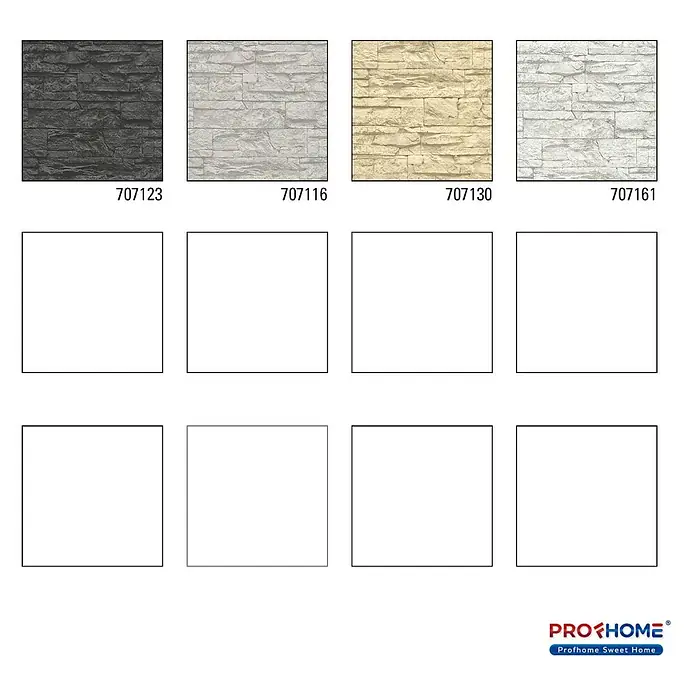 Profhome Vliestapete Vliestapete Steinoptik grau - schwarz, Steinoptik, 10.050 x 530 mm - Vier Tapetenmuster in Steinoptik: dunkelgrau, hellgrau, beige und weiß. Jedes zeigt ein texturiertes Ziegel- oder Schichtsteinmuster.