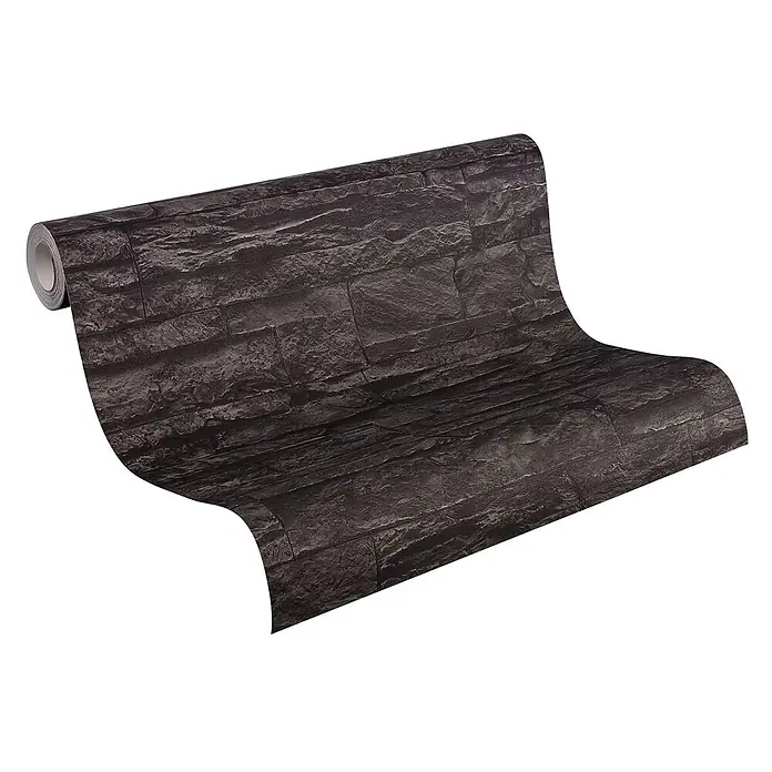 Profhome Vliestapete Vliestapete Steinoptik grau - schwarz, Steinoptik, 10.050 x 530 mm - Dunkle strukturierte Tapetenrolle mit realistischem Stein- oder Ziegelmuster.