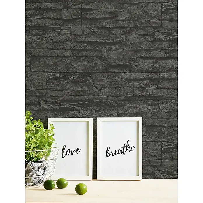 Profhome Vliestapete Vliestapete Steinoptik grau - schwarz, Steinoptik, 10.050 x 530 mm - Dunkelgraue Tapete in Steinoptik mit strukturierter Oberfläche, ideal für rustikale oder moderne Akzentwände.