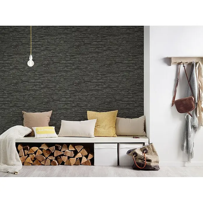 Profhome Vliestapete Vliestapete Steinoptik grau - schwarz, Steinoptik, 10.050 x 530 mm - Dunkelgraue Tapete in Steinoptik an einer Wand, mit verschiedenen Farbnuancen und Texturen.