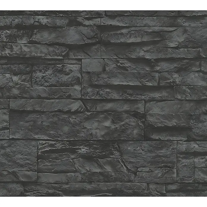 Profhome Vliestapete Vliestapete Steinoptik grau - schwarz, Steinoptik, 10.050 x 530 mm - Dunkelgraue Steinwandtextur mit groben, unterschiedlich großen Steinen.