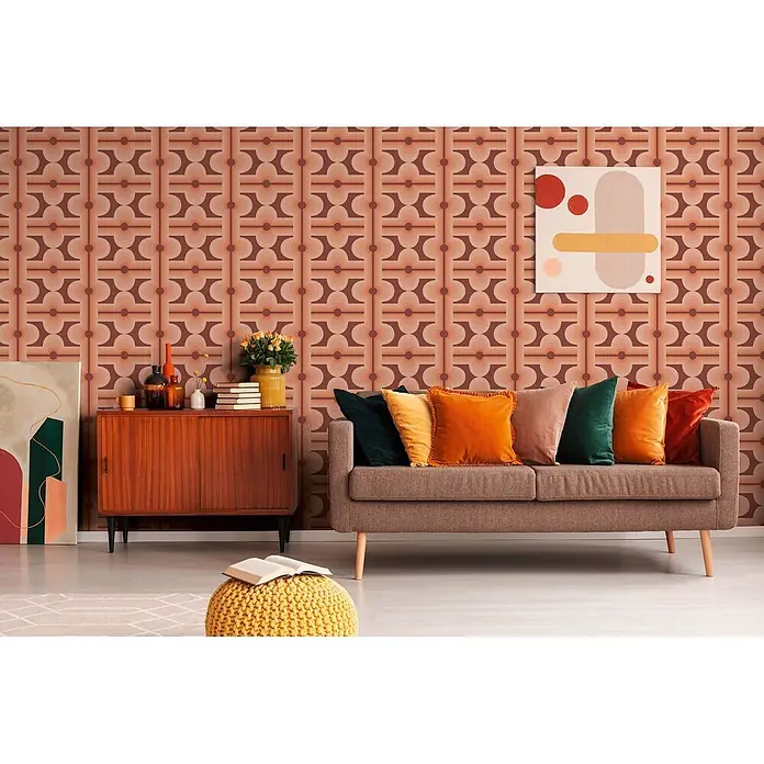 Profhome Vliestapete Heißgeprägte Vliestapete Grafisch, Retro, Geometrisch, Ornament in rot - braunlachs-rotpastell-orange, 8.500 x 530 mm - Retro-Tapete mit braun-orangefarbenem Geometriemuster schafft eine warme Wohnzimmeratmosphäre.