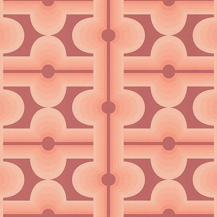 Profhome Vliestapete Heißgeprägte Vliestapete Grafisch, Retro, Geometrisch, Ornament in rot - braunlachs-rotpastell-orange, 8.500 x 530 mm - Nahtloses geometrisches Muster mit verbundenen Halbkreisen und Linien in Pfirsich- und Koralltönen, mit subtiler Stofftextur.