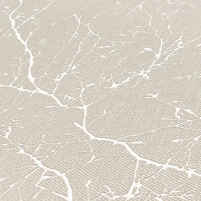 Profhome Vliestapete Vliestapete Floral in creme - perl-weiß, Floral, 10.050 x 530 mm - Hellbeiges, gewebtes Material mit weißen, erhabenen, rissartigen Mustern.