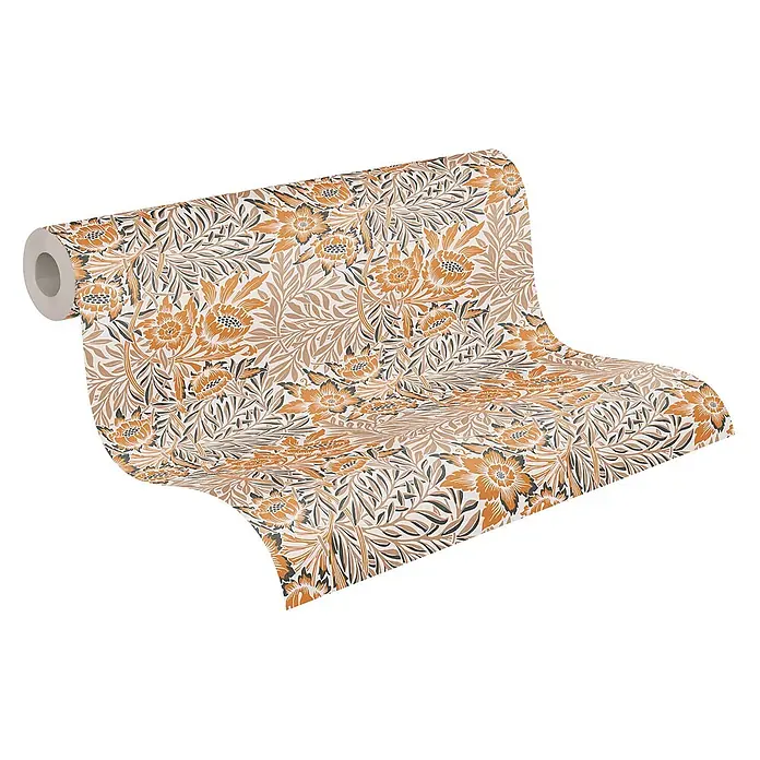 Profhome Vliestapete Vliestapete Blumen, Landhaus, Floral, Retro in orange - beige-braunschwarz, 10.050 x 530 mm - Tapetenrolle mit detailliertem Blumen- und Blattmuster in Orange, Braun und Dunkelgrau.