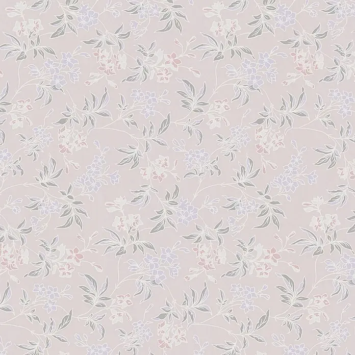 Profhome Vliestapete Vliestapete Blumen, Traditionell, Landhaus, Floral, Retro grau - alt-rosapastell-violett, 10.050 x 530 mm - Nahtloses florales Muster mit zarten rosa, lila und weißen Blüten sowie grauen Blättern auf hellrosa Grund.