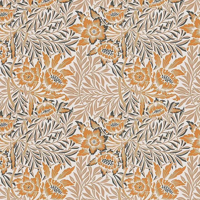 Profhome Vliestapete Vliestapete Blumen, Landhaus, Floral, Retro in orange - beige-braunschwarz, 10.050 x 530 mm - Nahtloses Blumenmuster mit orangefarbenen Blüten und verschlungenem braun-dunkelgrauem Laub.