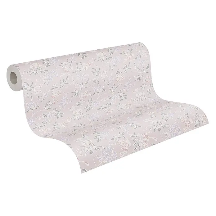 Profhome Vliestapete Vliestapete Blumen, Traditionell, Landhaus, Floral, Retro grau - alt-rosapastell-violett, 10.050 x 530 mm - Geblümte Tapetenrolle in Pastellrosa, Lila, Weiß und Grüntönen.