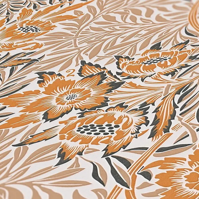 Profhome Vliestapete Vliestapete Blumen, Landhaus, Floral, Retro in orange - beige-braunschwarz, 10.050 x 530 mm - Orange, braunes und graues stilisiertes Blumen- und Blattmuster mit einer eingebetteten Zahl '2'.