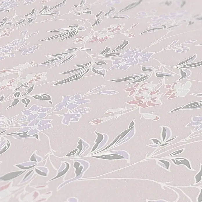 Profhome Vliestapete Vliestapete Blumen, Traditionell, Landhaus, Floral, Retro grau - alt-rosapastell-violett, 10.050 x 530 mm - Hellrosa gemusterter Stoff mit zarten Blumenmotiven in Lila, Pink, Grau und Weiß.