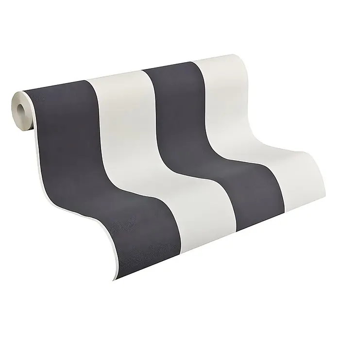 Profhome Vliestapete Vliestapete Traditionell grau - 10.050 x 530 mm - Eine Rolle dunkelgrau und cremefarben gestreifte Tapete, die sich mit wellenförmigen Streifen abrollt.