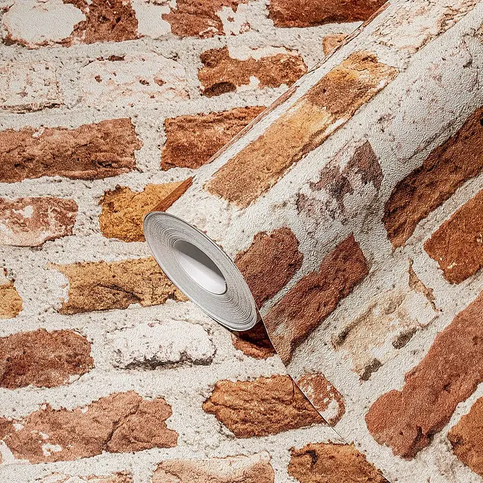 Profhome Vliestapete Heißgeprägte Vliestapete Steinoptik, Ziegelstein, Natur in rot - beigeorange, 10.050 x 530 mm - Abgerollte Tapetenrolle mit realistischem Ziegelmuster in Rotbraun-Tönen und hellem Mörtel.