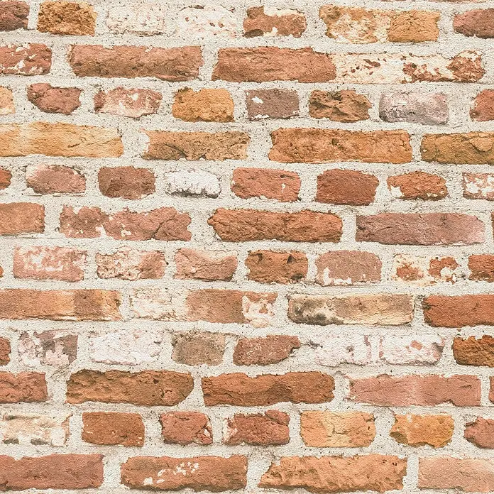 Profhome Vliestapete Heißgeprägte Vliestapete Steinoptik, Ziegelstein, Natur in rot - beigeorange, 10.050 x 530 mm - Rustikale Backsteinwand-Textur mit unterschiedlich rotbraunen Ziegeln und hellen Mörtelfugen.