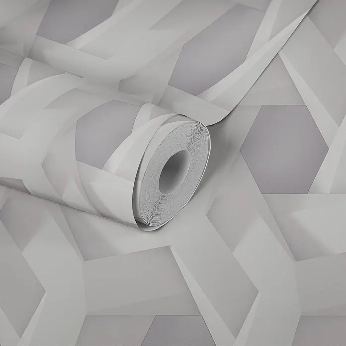 Profhome Vliestapete Heißgeprägte Vliestapete Grafisch grau - Grafisch, 10.050 x 530 mm - Grau-weiße Tapetenrolle mit geometrischem 3D-Muster, teilweise abgerollt, zeigt sechseckige und eckige Formen.