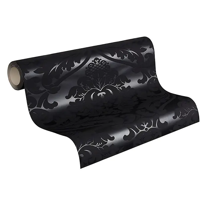 Profhome Vinyltapete Strukturtapete Ornament in schwarz - Ornament, L x B: 10.050 x 530 mm - Rolle schwarzer Tapete mit elegantem Damastmuster.