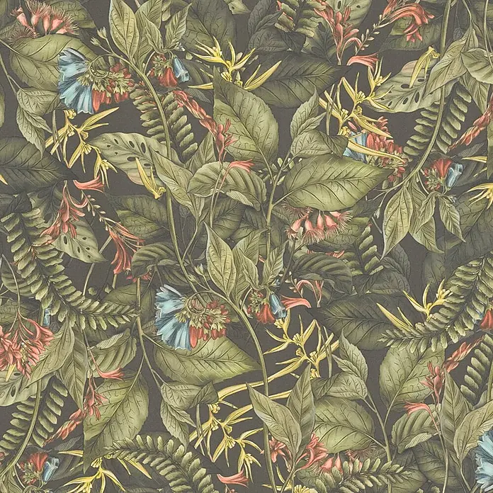 Profhome Vliestapete Heißgeprägte Vliestapete Blumen, Floral, Dschungel, Natur, Exotisch in grün - dunkel-grüngelbrot, 10.050 x 530 mm - Tapete mit tropischem botanischem Muster, dunklem Hintergrund, grünen Blättern und bunten Blüten.