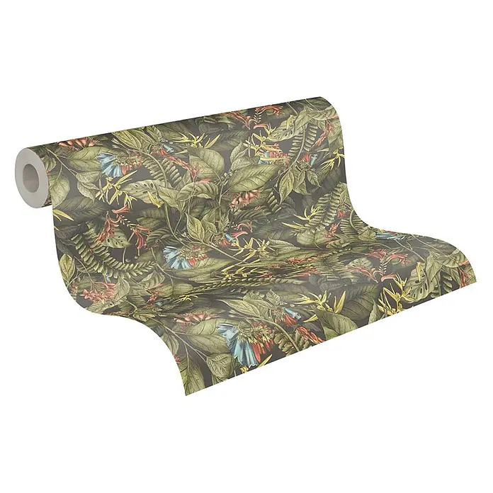 Profhome Vliestapete Heißgeprägte Vliestapete Blumen, Floral, Dschungel, Natur, Exotisch in grün - dunkel-grüngelbrot, 10.050 x 530 mm - Dunkle Tapetenrolle mit lebhaftem tropischem Muster aus grünen Blättern und bunten Blüten.
