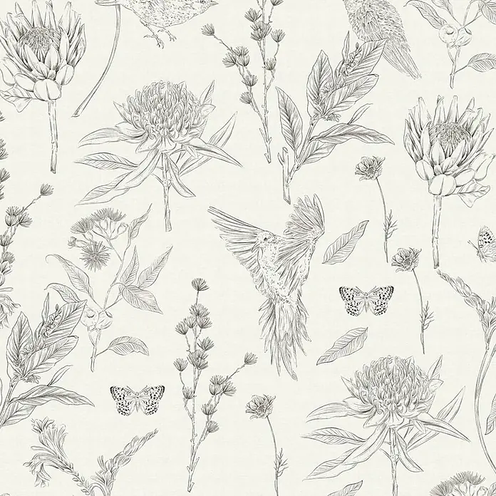 Profhome Vliestapete Vliestapete Blumen, Landhaus, Floral, Toile De Jouy, Vogelmuster, weiß - schwarz, 10.050 x 530 mm - Nahtloses Muster aus monochromen Strichzeichnungen: Blumen, Vögel und Schmetterlinge.