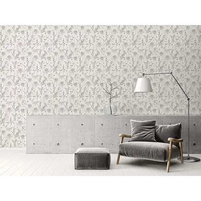 Profhome Vliestapete Vliestapete Blumen, Landhaus, Floral, Toile De Jouy, Vogelmuster, weiß - schwarz, 10.050 x 530 mm - Monochromatische Tapete mit einem sich wiederholenden Muster aus Vögeln, Schmetterlingen und vielfältigen Pflanzen.