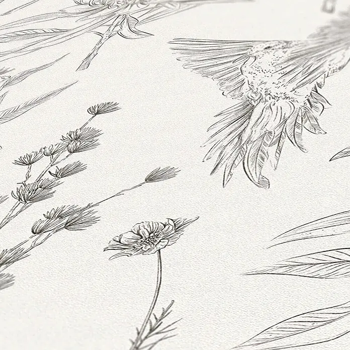 Profhome Vliestapete Vliestapete Blumen, Landhaus, Floral, Toile De Jouy, Vogelmuster, weiß - schwarz, 10.050 x 530 mm - Detaillierte Strichzeichnung botanischer Elemente und eines Vogels auf einer strukturierten hellen Oberfläche.