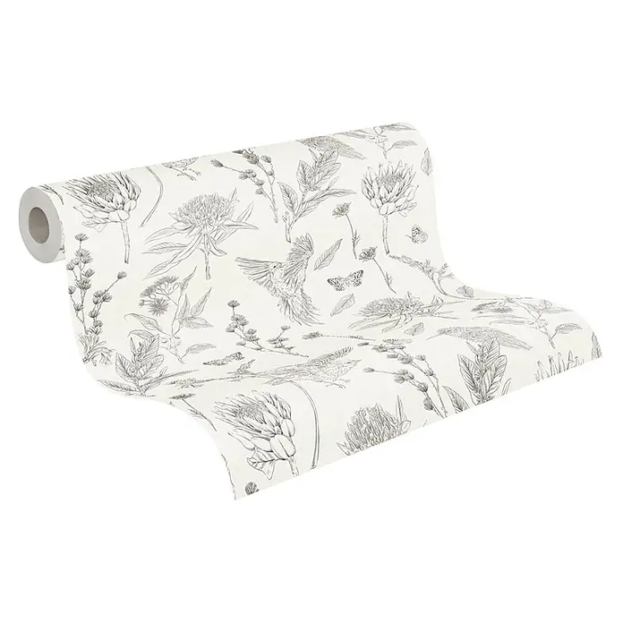 Profhome Vliestapete Vliestapete Blumen, Landhaus, Floral, Toile De Jouy, Vogelmuster, weiß - schwarz, 10.050 x 530 mm - Rolle cremefarbener Tapete mit detaillierten schwarz-grauen Linienzeichnungen von Vögeln, Schmetterlingen und botanischen Elementen.