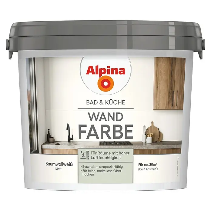 Alpina Wandfarbe Bad & Küche Baumwollweiß - Weiß, Matt, 2,5 l - Alpina Bad & Küche Wandfarbe, Baumwollweiß Matt, für Feuchträume, strapazierfähig.