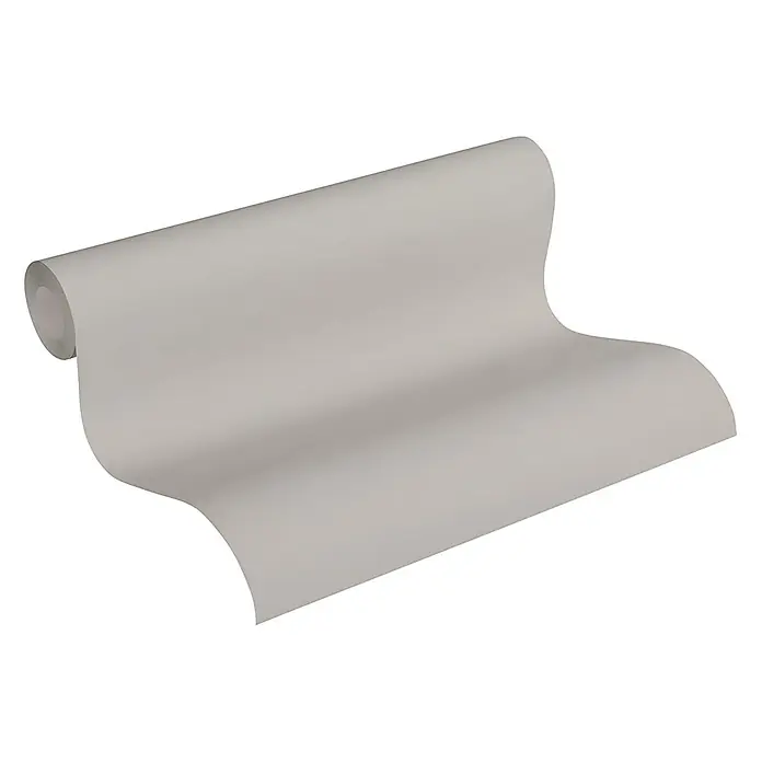 Profhome Vliestapete Vliestapete Uni grau - Uni, 10.050 x 530 mm - Rolle schlichter, hellgrauer Tapete, teilweise abgerollt.