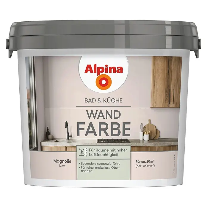 Alpina Wandfarbe Bad & Küche Magnolie - Beige, Matt, 2,5 l - Alpina Wandfarbe Magnolie Matt für Bad & Küche in einem weißen Eimer mit grauem Deckel.