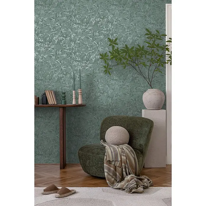 Profhome Vliestapete Heißgeprägte Vliestapete Ton-In-Ton, Floral, Textiloptik in grün - patina-grünplatin, 10.050 x 530 mm - Grüne Tapete mit subtilem hellen Blattmuster.
