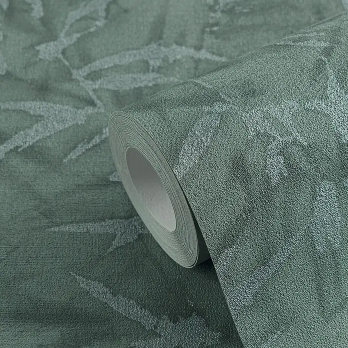 Profhome Vliestapete Heißgeprägte Vliestapete Ton-In-Ton, Floral, Textiloptik in grün - patina-grünplatin, 10.050 x 530 mm - Rolle grüne Struktur-Tapete mit zartem Blattmuster.
