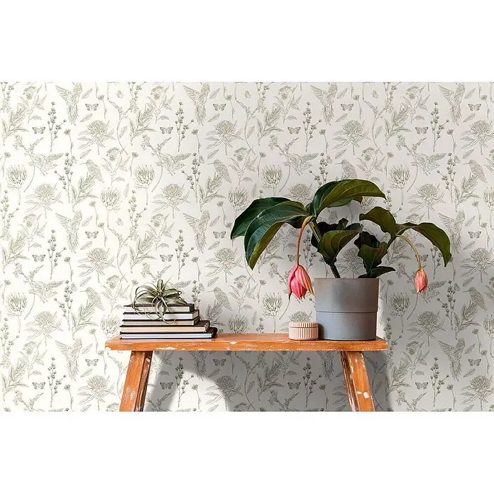 Profhome Vliestapete Vliestapete Blumen, Landhaus, Floral, Toile De Jouy, Vogelmuster, weiß - grün, 10.050 x 530 mm - Tapete mit dezentem Botanik- und Vogelmuster, die einen Wohnraum mit Naturmotiven verschönert.