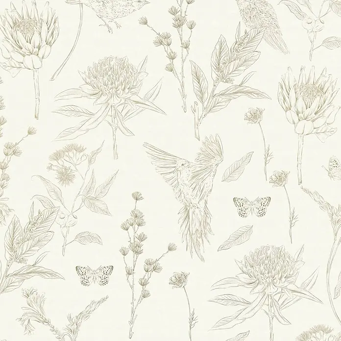 Profhome Vliestapete Vliestapete Blumen, Landhaus, Floral, Toile De Jouy, Vogelmuster, weiß - grün, 10.050 x 530 mm - Nahtloses Muster aus beigefarbener Pflanzen- und Vogel-Strichzeichnung.