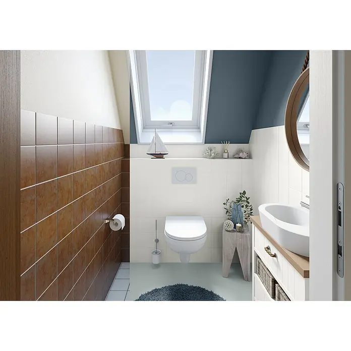 Alpina Wandfarbe Bad & Küche Tiefsee - Blau, Matt, 2,5 l - Modernes Dachgeschossbad mit weißer Toilette, Waschbecken, brauner Fliesenwand und blauer Dachschräge unter einem Dachfenster.