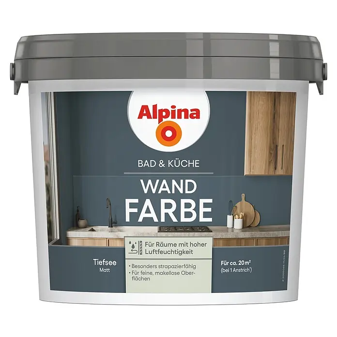 Alpina Wandfarbe Bad & Küche Tiefsee - Blau, Matt, 2,5 l - Alpina Farbeimer, grauer Deckel. Tiefsee Matt Wandfarbe für Bad/Küche, 20m², strapazierfähig für hohe Feuchte.