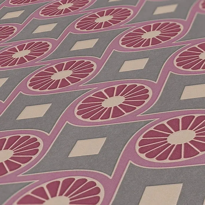 Profhome Vliestapete Vliestapete Grafisch, Retro, Geometrisch, Ornament, Design grau - beige-graulila, 10.050 x 530 mm - Strukturierte Tapete mit wiederkehrenden magentafarbenen Ovalen, beigen Mitten und Rauten.