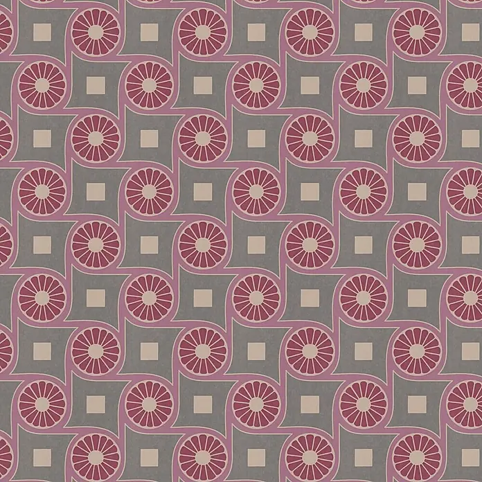 Profhome Vliestapete Vliestapete Grafisch, Retro, Geometrisch, Ornament, Design grau - beige-graulila, 10.050 x 530 mm - Nahtloses geometrisches Muster in Grau, Rosa, Rot und Beige mit ineinandergreifenden Quadraten und Speichenkreisen.