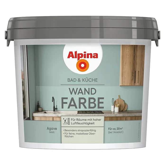 Alpina Wandfarbe Bad & Küche Agave - Blau, Matt, 2,5 l - Alpina Wandfarbe für Bad & Küche, Farbton Agave Matt, feuchtigkeitsbeständig und strapazierfähig.