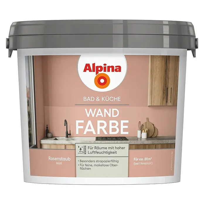 Alpina Wandfarbe Bad & Küche Rosenstaub - Rosa, Matt, 2,5 l - Alpina Bad & Küche Wandfarbe in Rosenstaub Matt. Robuster Anstrich für feine Oberflächen in feuchten Räumen.