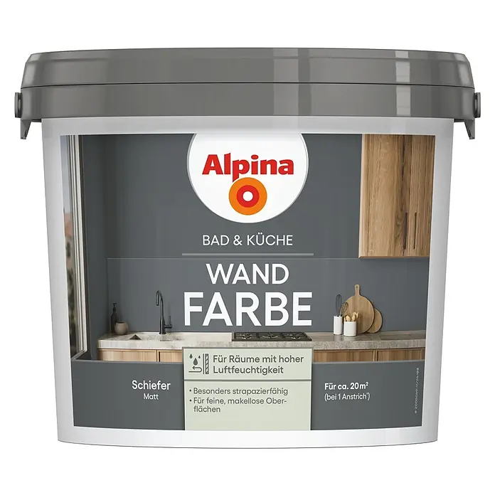 Alpina Wandfarbe Bad & Küche Schiefer - Grau, Matt, 2,5 l - Alpina Bad & Küche Wandfarbe Schiefer Matt, weißer Eimer mit dunkelgrauem Deckel.